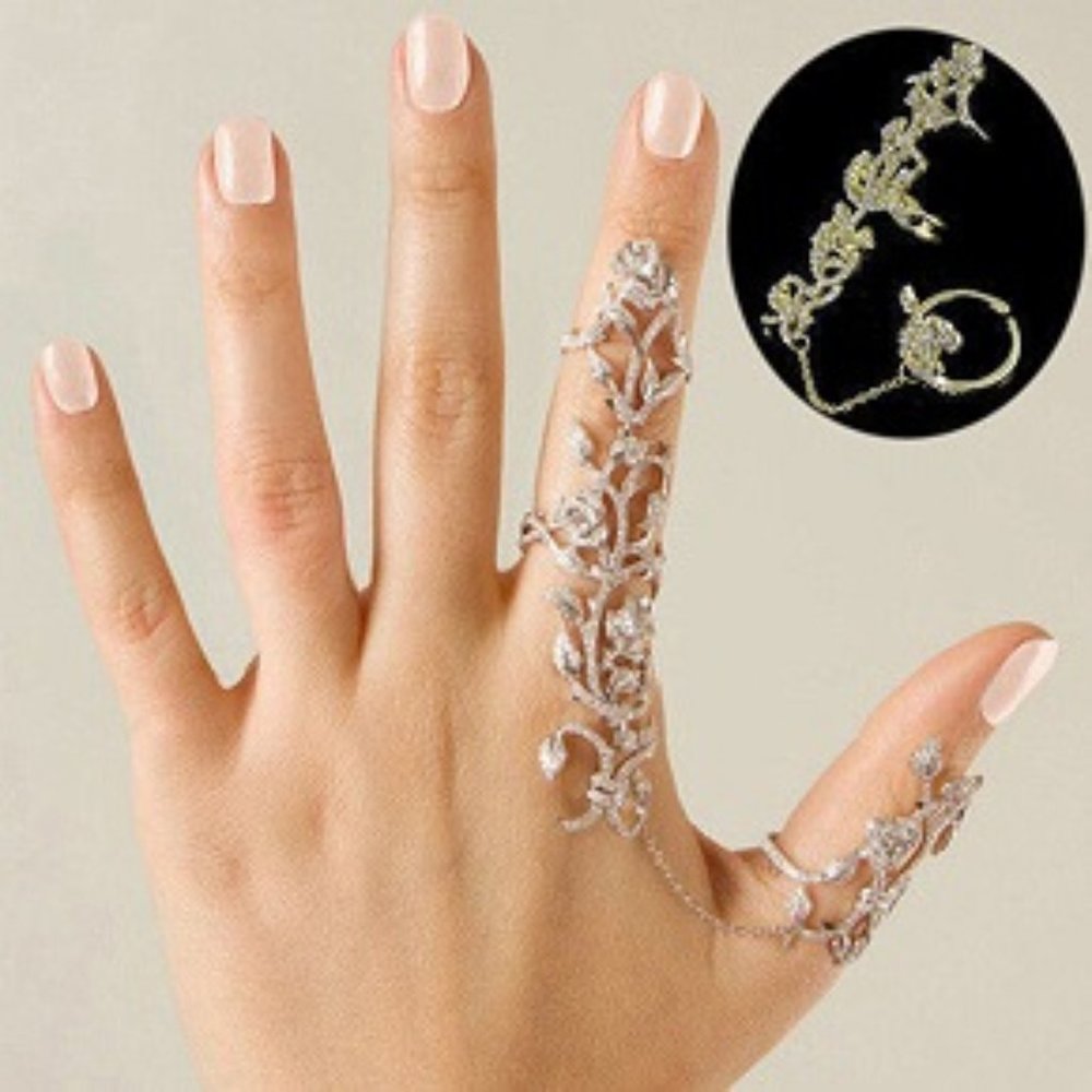 Ring ~ Crystal ~ Flower ~ Chain ~ Hollow ~ Silver Or Gold - Picture 3 of 8